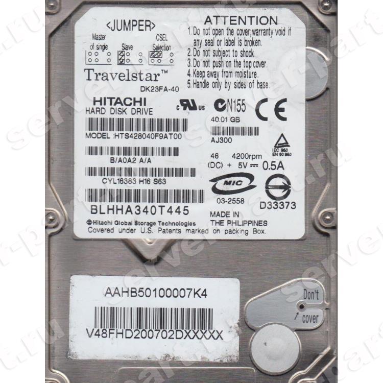 Жесткий Диск Hitachi Travelstar 4K80 40Gb (U100/4200/2Mb) IDE 2,5"(HTS428040F9AT00)
