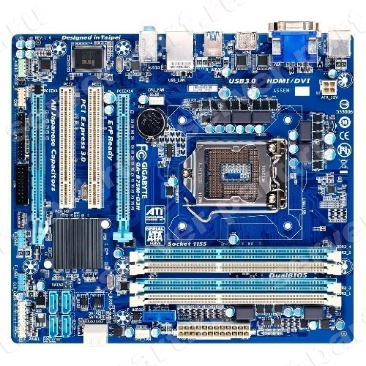 Материнская Плата Gigabyte v.1.0 iB75 S1155 HT 4DualDDRIII SATAIII 5SATAII 2PCI-E16x3.0 CrossFire 2PCI Video DVI HDMI LAN1000 AC97-8ch 2USB3 mATX 5000Mhz(GA-B75M-D3H)