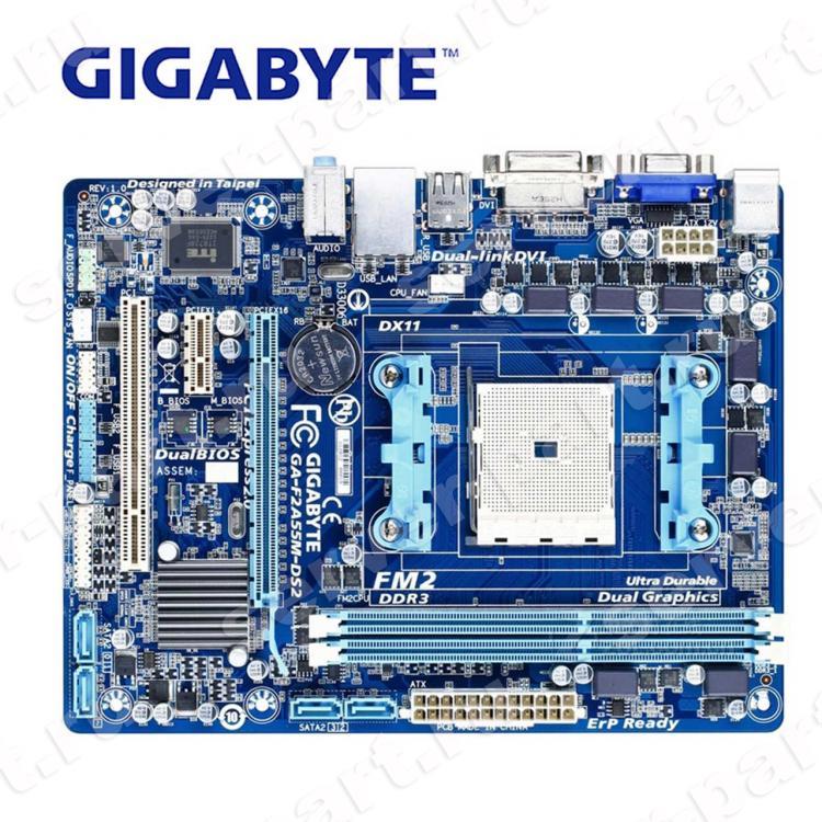 Материнская Плата Gigabyte rev3.0 AMD A55 SocketFM2+ 2DualDDRIII 4SATAII PCI-E16x3.0 PCI-E1x PCI SVGA DVI LAN1000 AC97-8ch mATX(GA-F2A55M-DS2)