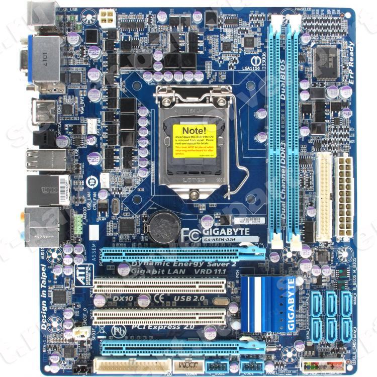 Материнская Плата Gigabyte iH55 S1156 HT 2DualDDRIII 6SATAII U133 2PCI-E16x 2PCI Video HDMI DVI SVGA LAN1000 AC97-8ch mATX 2500Mhz(GA-H55M-D2H)